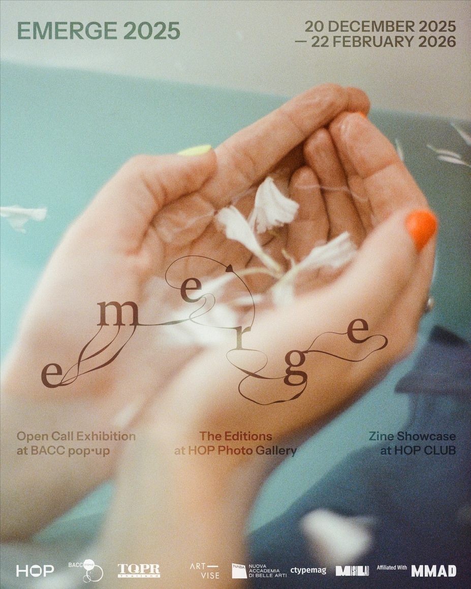 Emerge 2025 exhibition poster — cupped hands holding petals