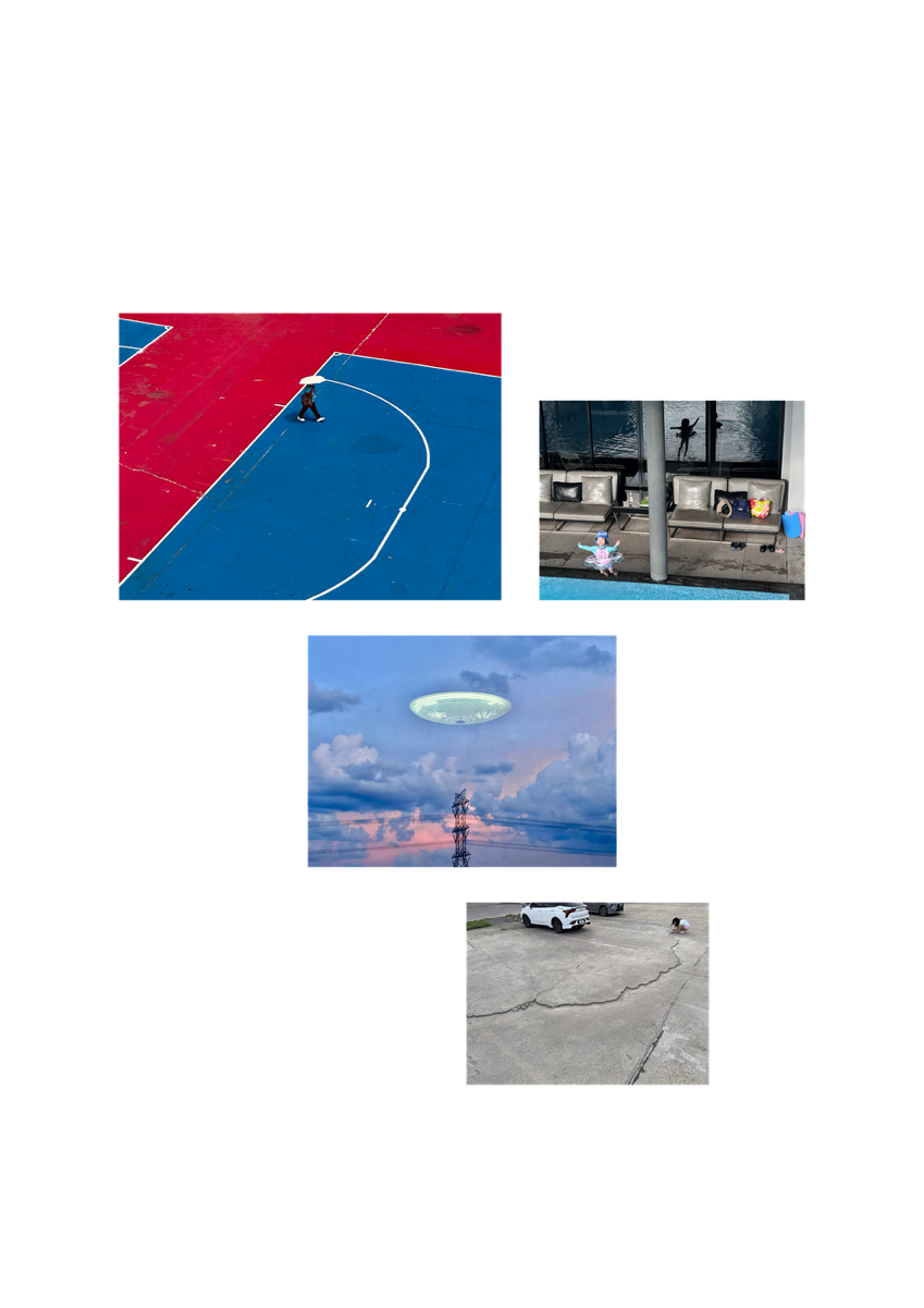 The four exhibited street photographs: a red-and-blue court, a coastal scene, a figure on a wide surface