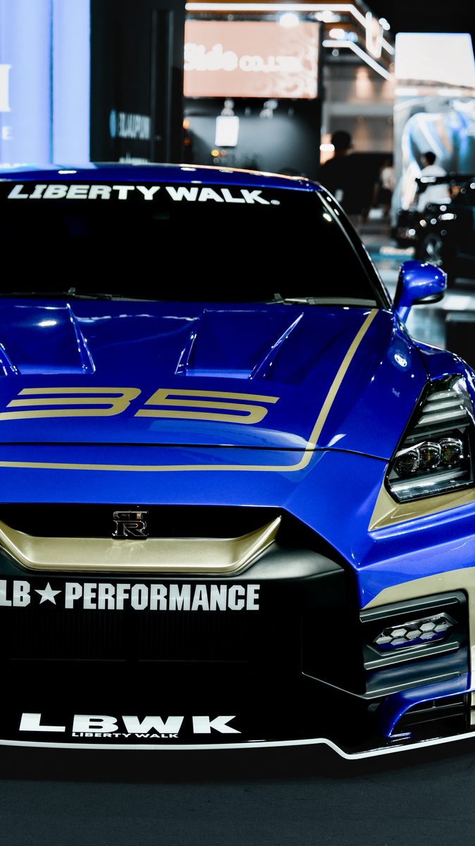 Blue Liberty Walk GT-R front, LB Performance badge